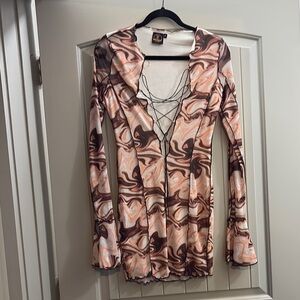 Brown and Cream Swirl Long Sleeve Dress